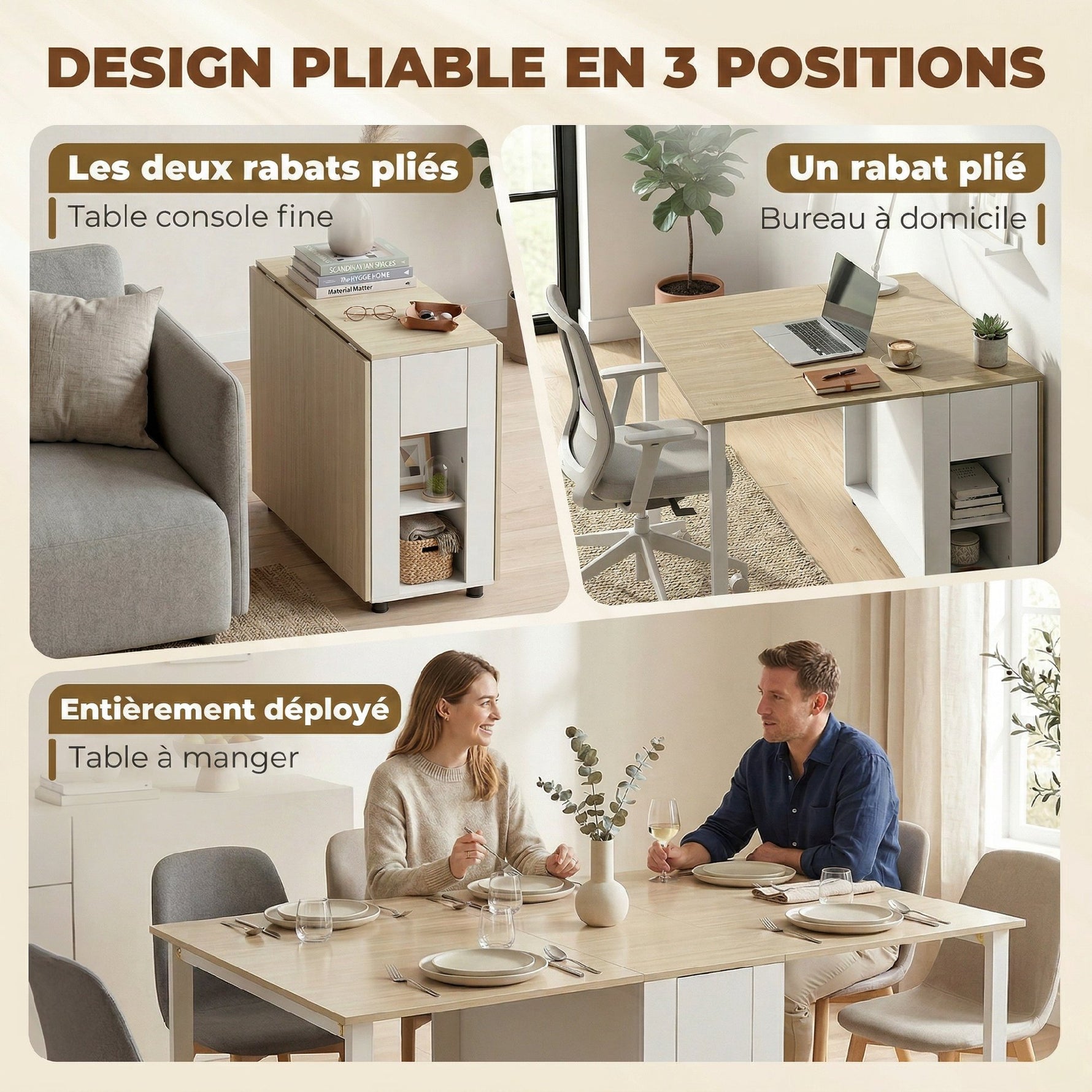 Table à manger pliante pour 6 personnes 39-168 cm, table de cuisine avec 2 tiroirs et 4 étagères ouvertes, blanc