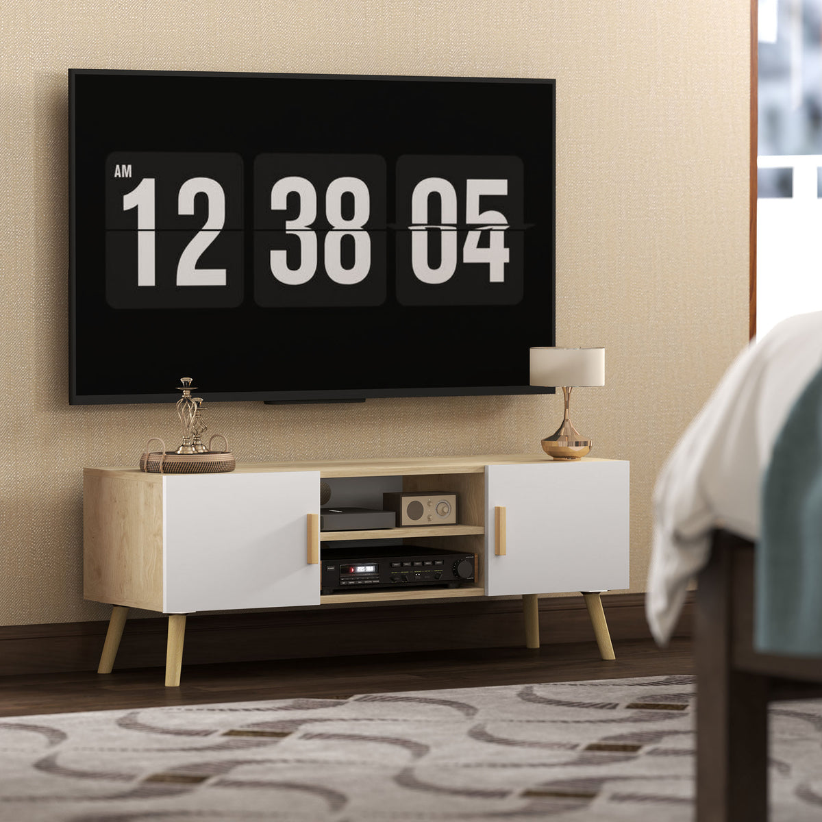 Meuble TV meuble télé bois banc TV jusqu'à 50 pouces avec étagères, 2 placards et passe-câbles, chêne