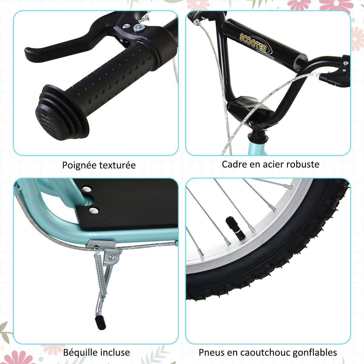Trottinette patinette pour Enfants à partir de 5 Ans Grands pneus en Caoutchouc Guidon réglable poignée Frein et béquille Acier Charge max. 100 Kg Bleu