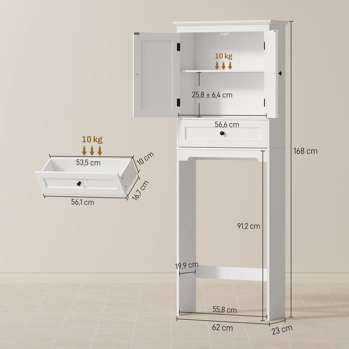 Meuble WC Rangement Dessus de Toilette, Meuble de Toilettes avec 2 Portes, Tiroir et Étagère Réglable, Blanc