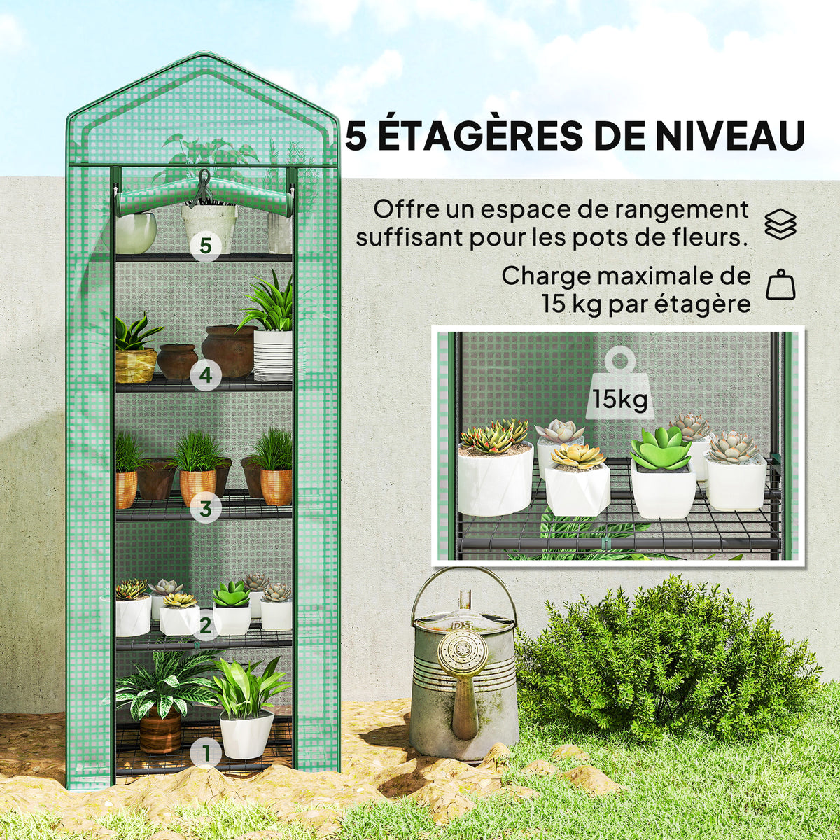 Serre de jardin balcon étagère serre 5 niveaux 0,69 x 0,49 x 1,93 m acier bâche amovible PE vert