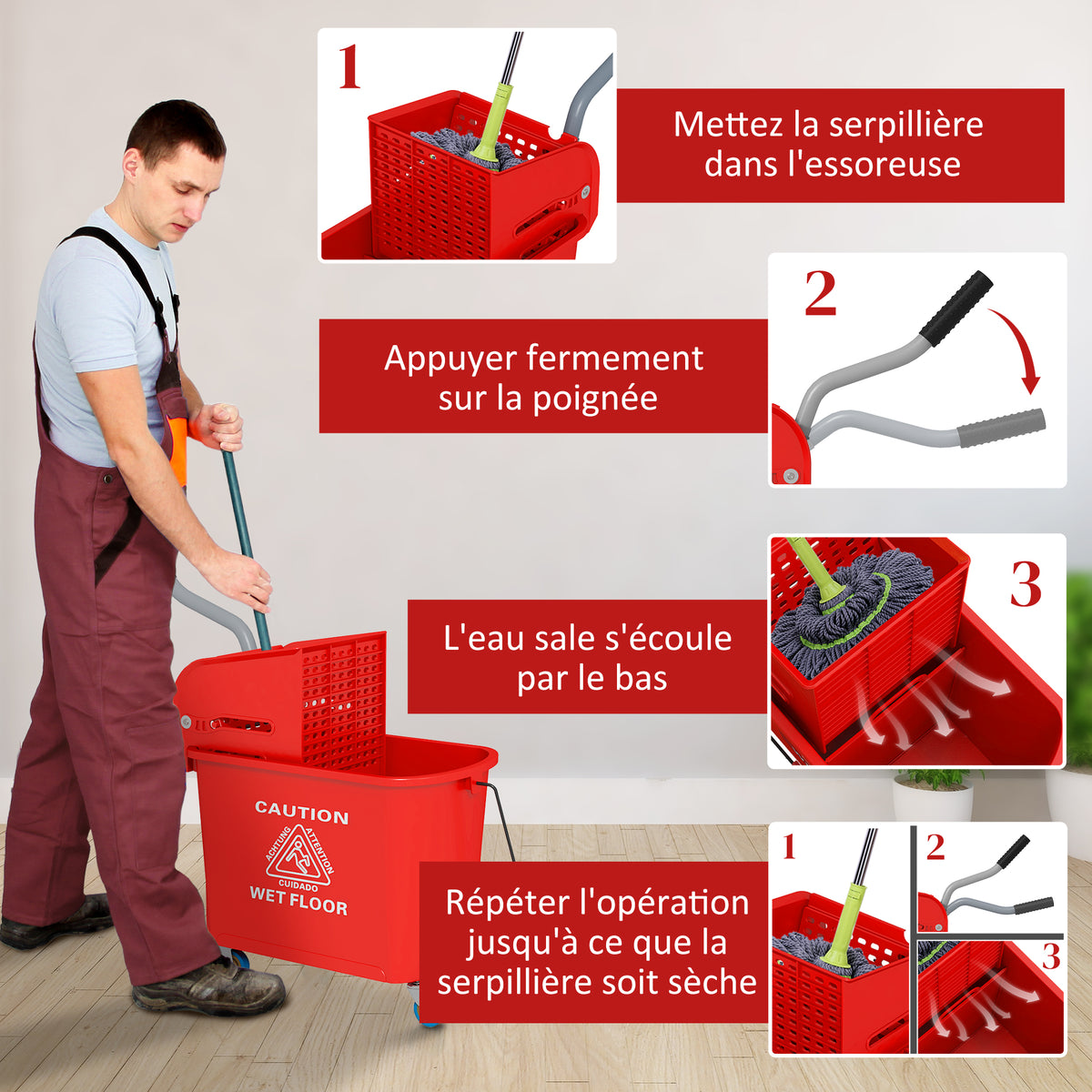 Chariot de nettoyage lavage seau de ménage 20 L avec essoreur et séparateur eau sale propre rouge 60L x 27l x 70,5H cm
