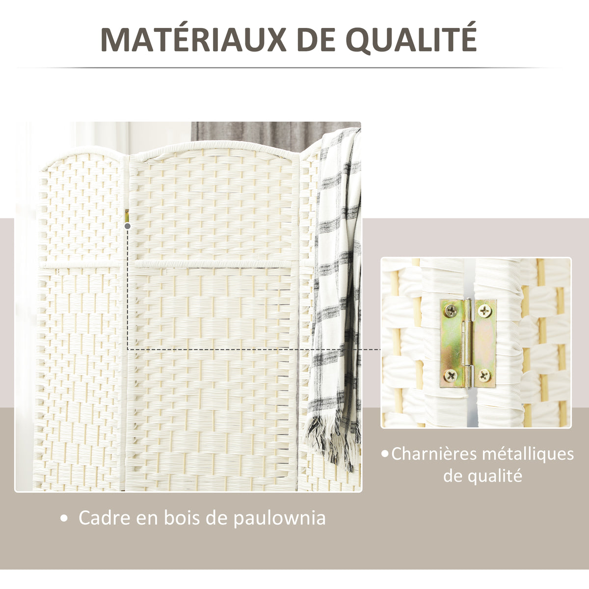 Paravent intérieur en bois 4 panneaux séparateur de pièce pliable pour salon chambre 180 x 180 cm blanc