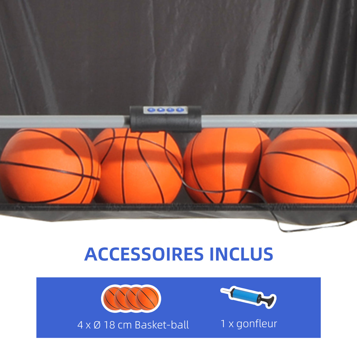 Jeu de basketball arcade pliable à 2 panier 4 balles pompe de gonflage, panier de basketball avec système de pointage, 4 bouton fonctionnement et 8 modes, 205x110x205cm, noir et blanc