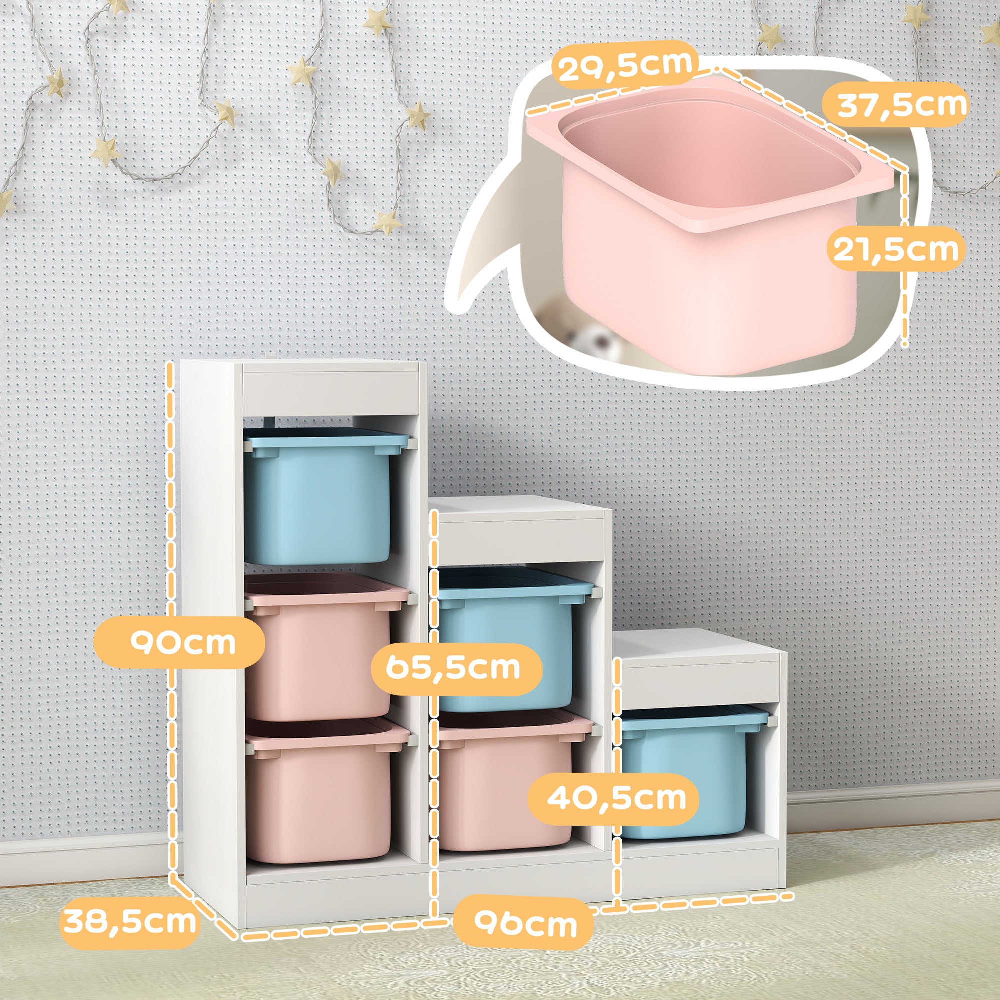 Meuble de rangement pour jouets des enfants avec 6 bacs amovibles, 3 niveaux de rangement, 96 x 38,5 x 90, multicolore