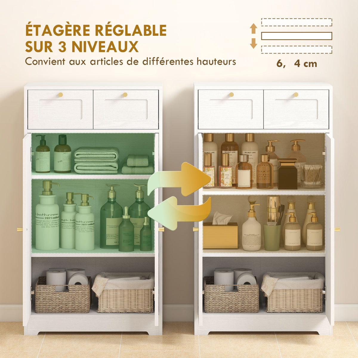 Meuble de salle de bain meuble de rangement avec 2 tiroirs double porte arquée étagères réglables 60x30x108cm blanc