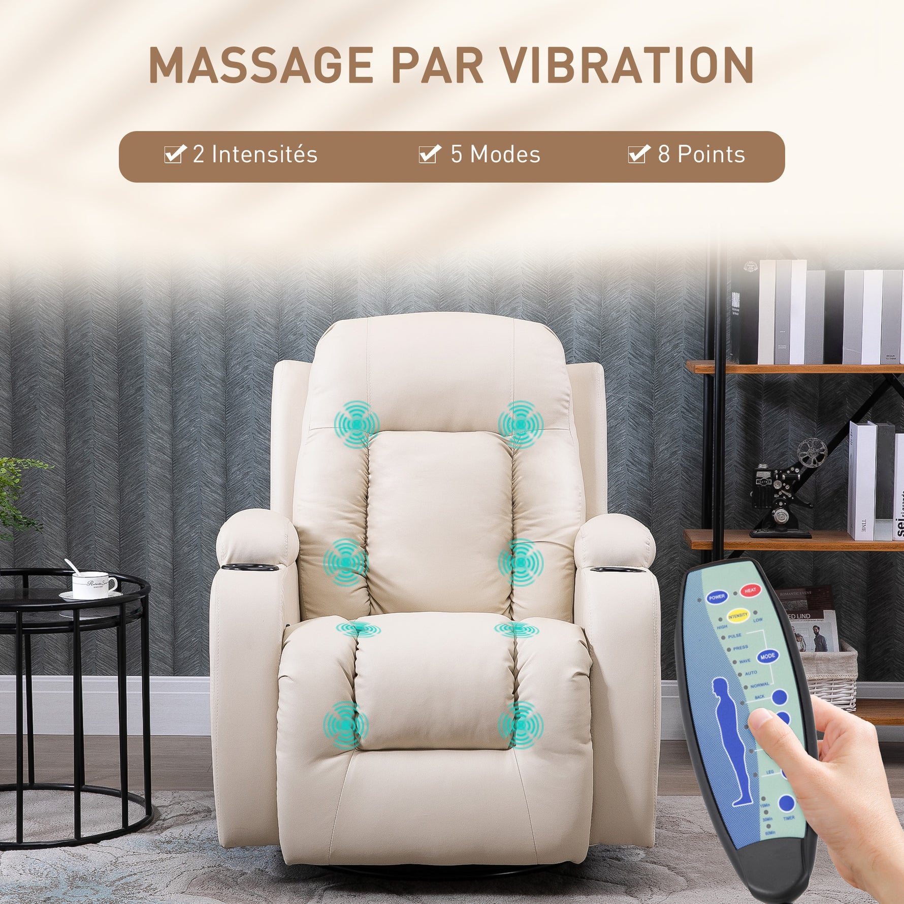 Fauteuil de Massage et Relaxation Chauffant 360° pivotant inclinable manuellement Repose-Pied télécommande