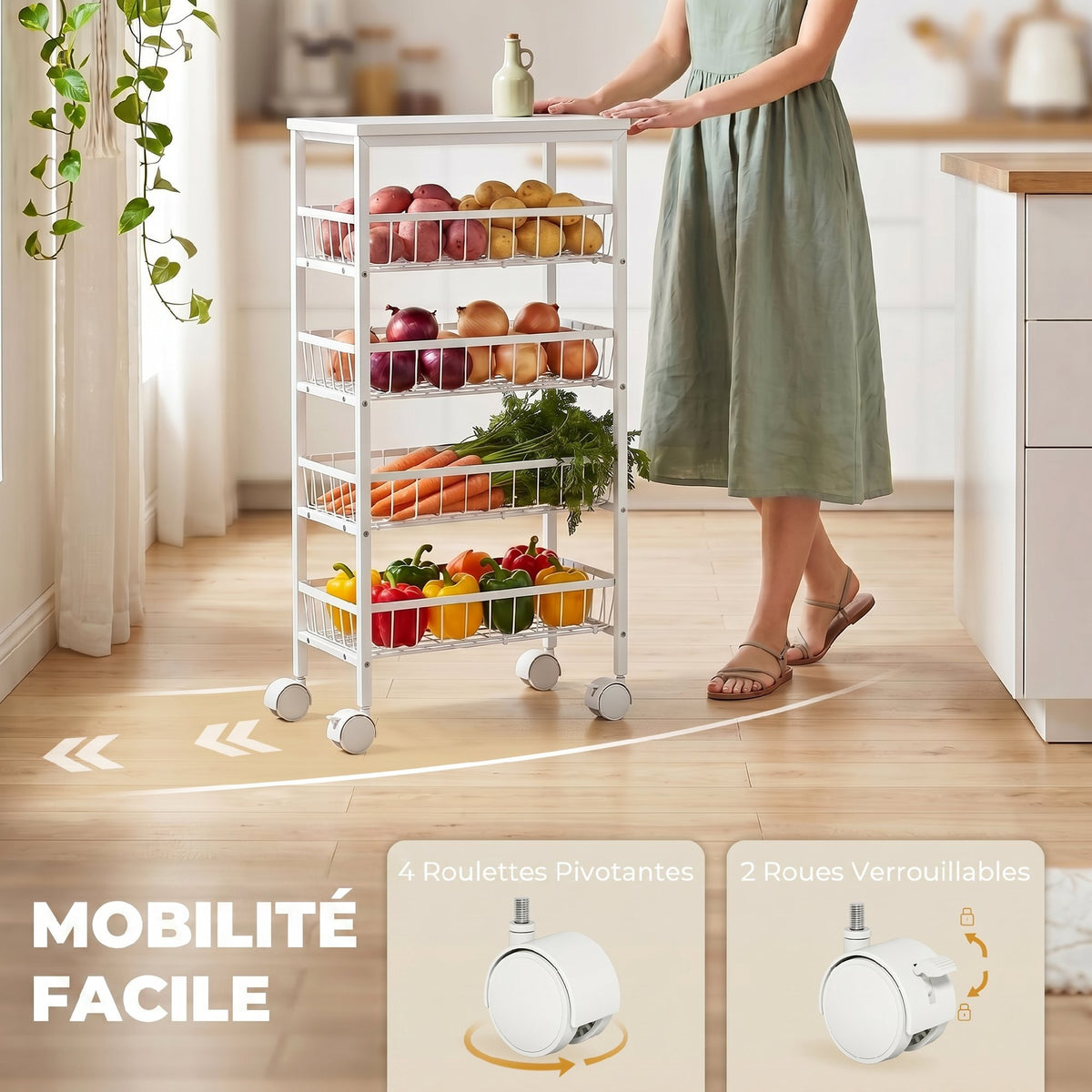 Carrello portaoggetti a 4 ripiani, carrello con ruote e cestelli rimovibili, struttura in metallo, bianco