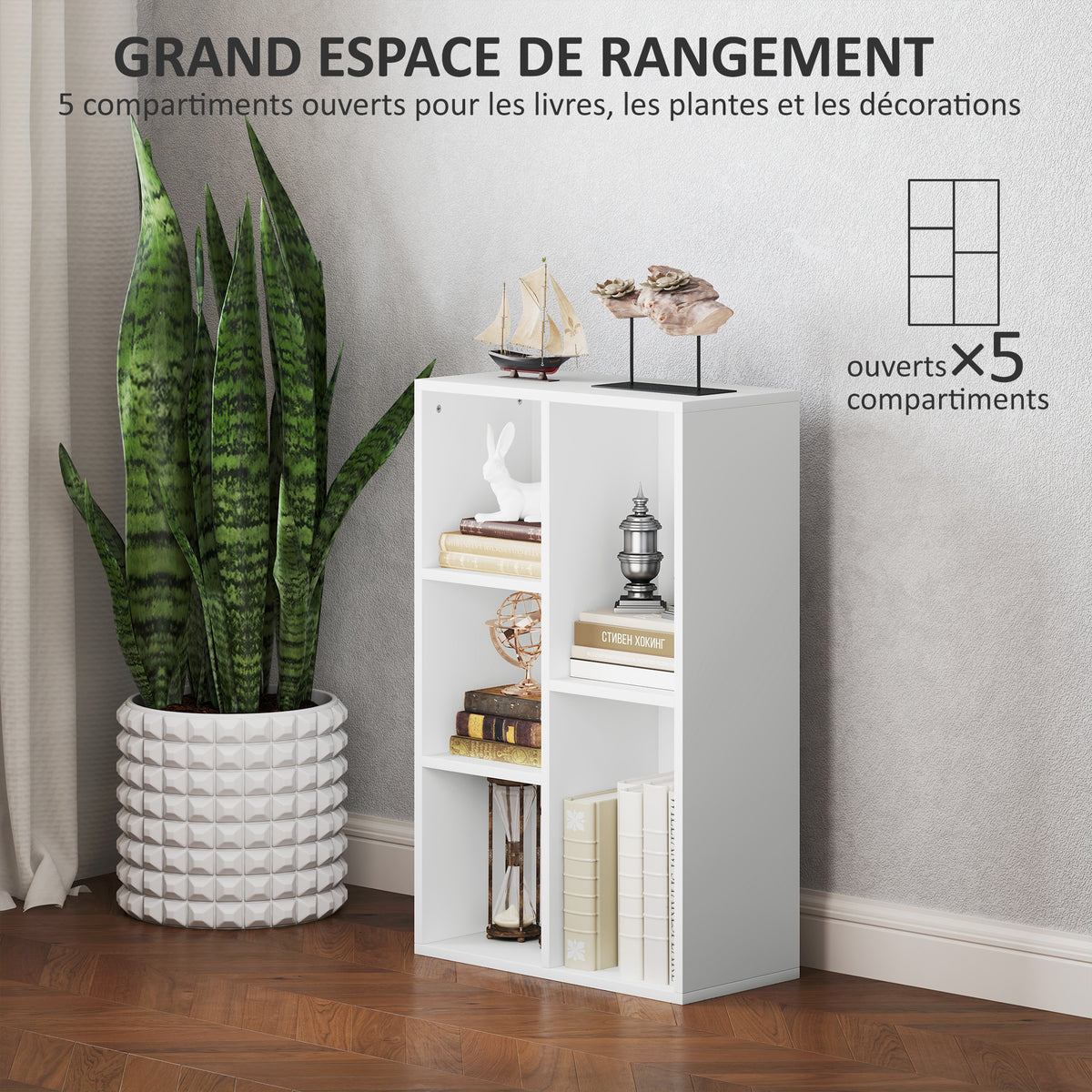 5-tier storage bookshelf, for living room, bedroom, office, 50x24x80cm, white