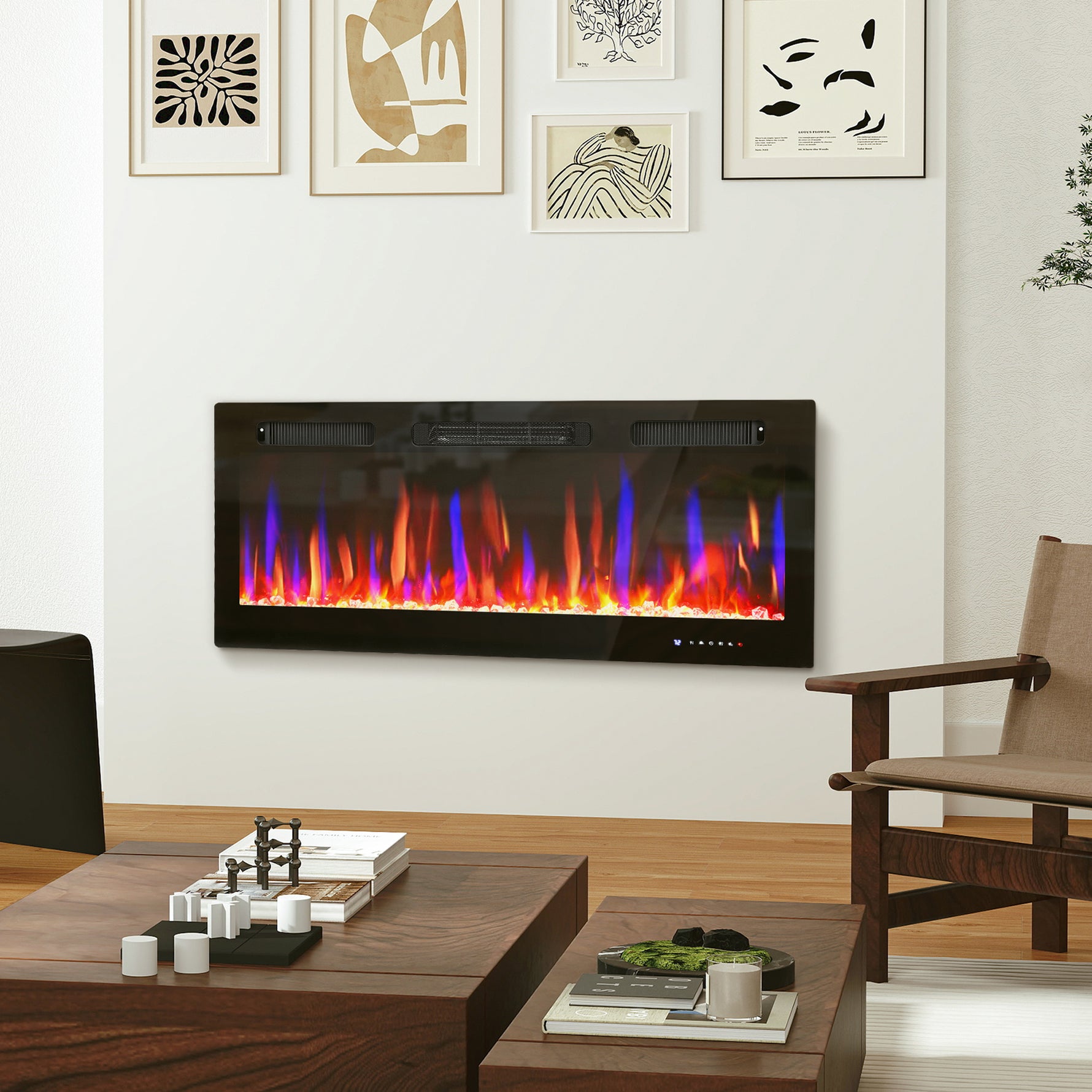 Cheminée électrique mural ou encastrable 900W/1800W, effet flamme à 12 couleurs 5 luminosités, 106,7x9,4x47cm, noir