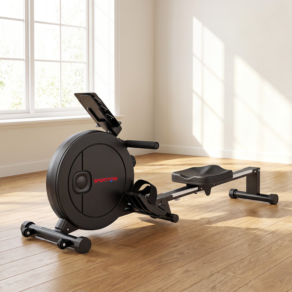 Klappbares Rudergerät für das Heimtraining, 16 Widerstandsstufen, App, LCD-Display, Tablethalterung, 180x50x75cm, Schwarz