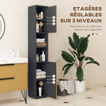 Meuble colonne armoire rangement salle de bain 2 portes étagère réglable 2 niches 30 x 30 x 183 cm chêne gris foncé