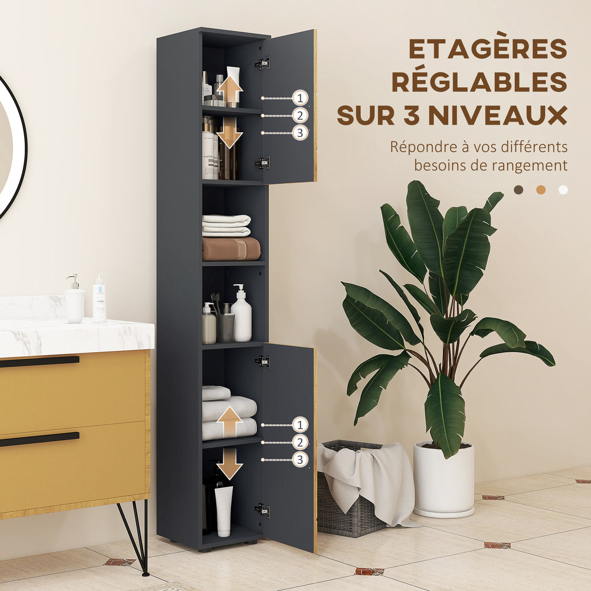 Meuble colonne armoire rangement salle de bain 2 portes étagère réglable 2 niches 30 x 30 x 183 cm chêne gris foncé