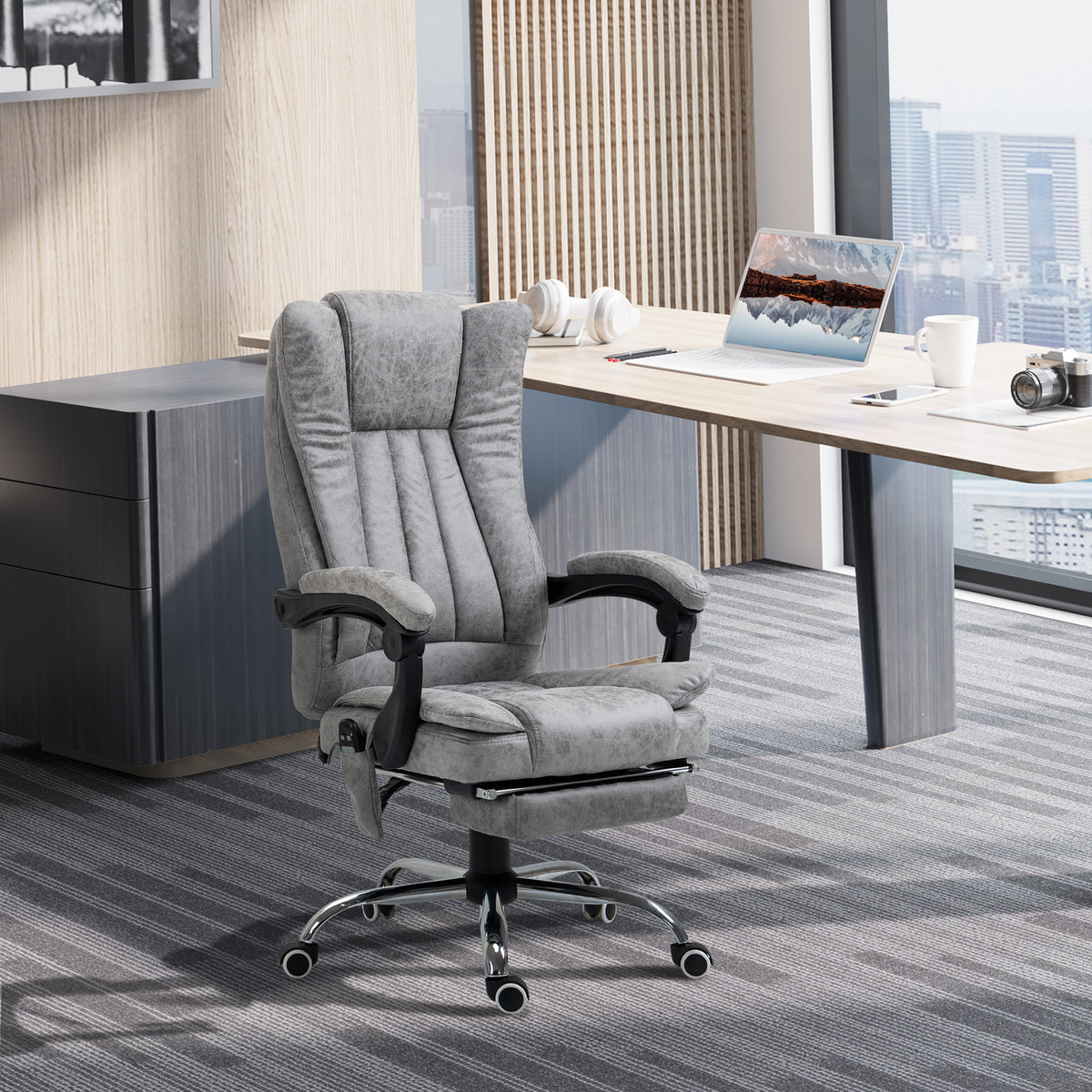 Fauteuil de bureau massant et chauffant, chaise de bureau, chaise ergonomique avec hauteur réglable, dossier inclinable, repose-pied et télécommande filaire, pivotant à 360°, gris