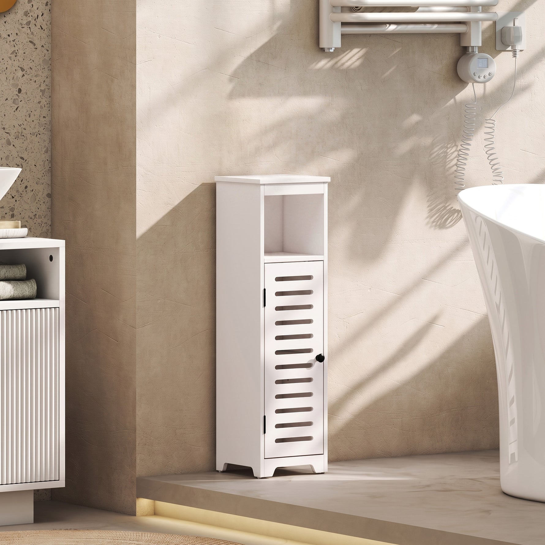 Meuble salle de bain, armoire salle de bain 4 niveaux  porte persienne, étagère ouvert, 22x20x75cm, blanc