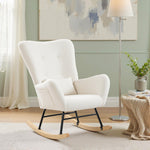 Fauteuil à Bascule, Rocking Chair en Peluche Teddy avec Dossier Haut, Coussin, Pieds en Bois d'Hévéa, Crème