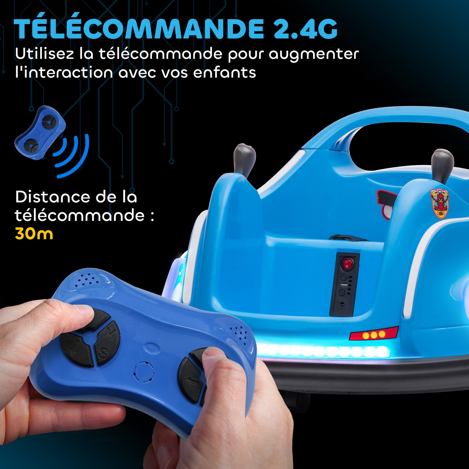 Voiture auto-tamponneuse électrique enfant 12V sous licence Angry Bird, voiture tournante 360°, 73 x 73 x 44 cm, bleu