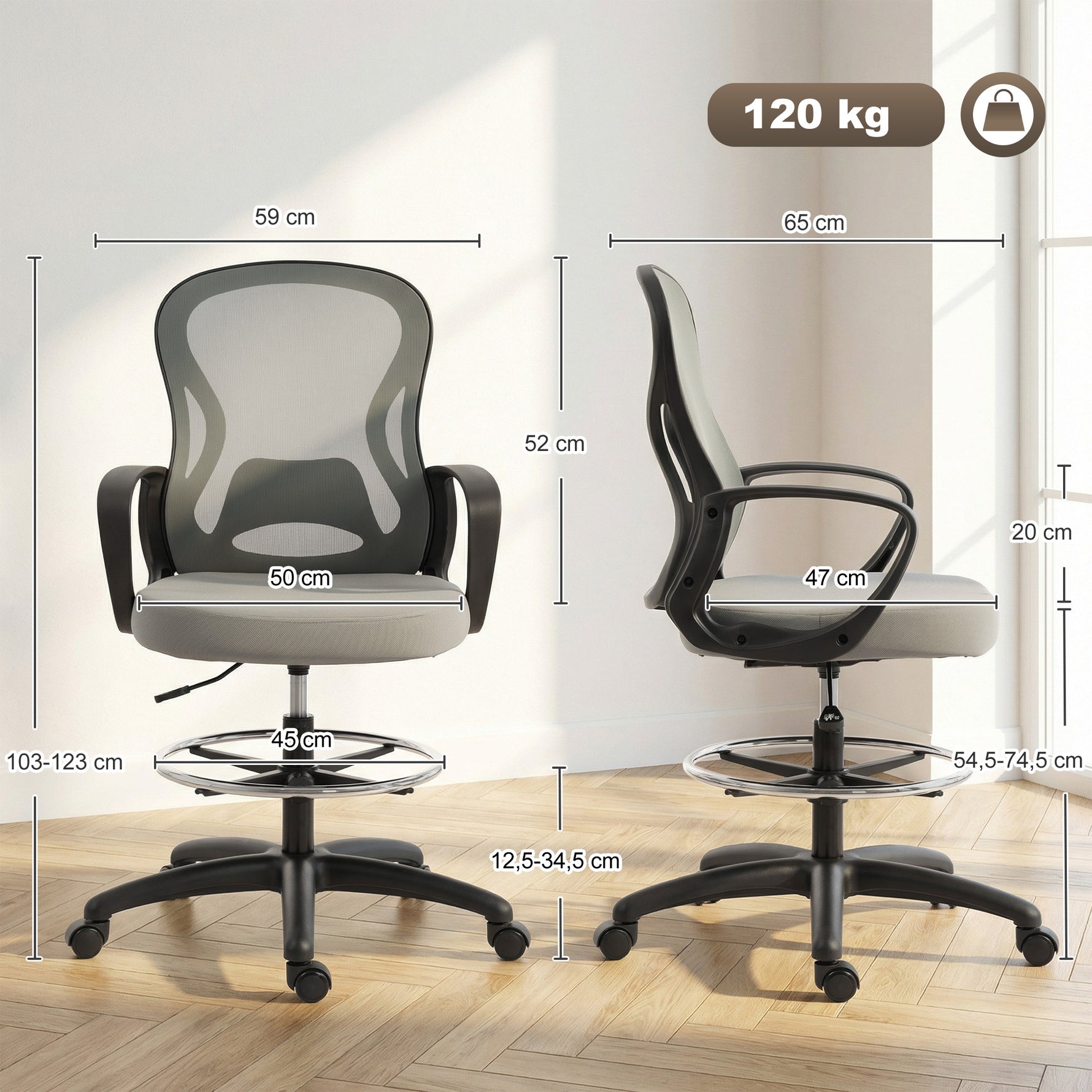Chaise bureau ergonomique, fauteuil de bureau avec repose-pieds et accoudoirs, en maille, 59 x 65 x 123 cm, Gris
