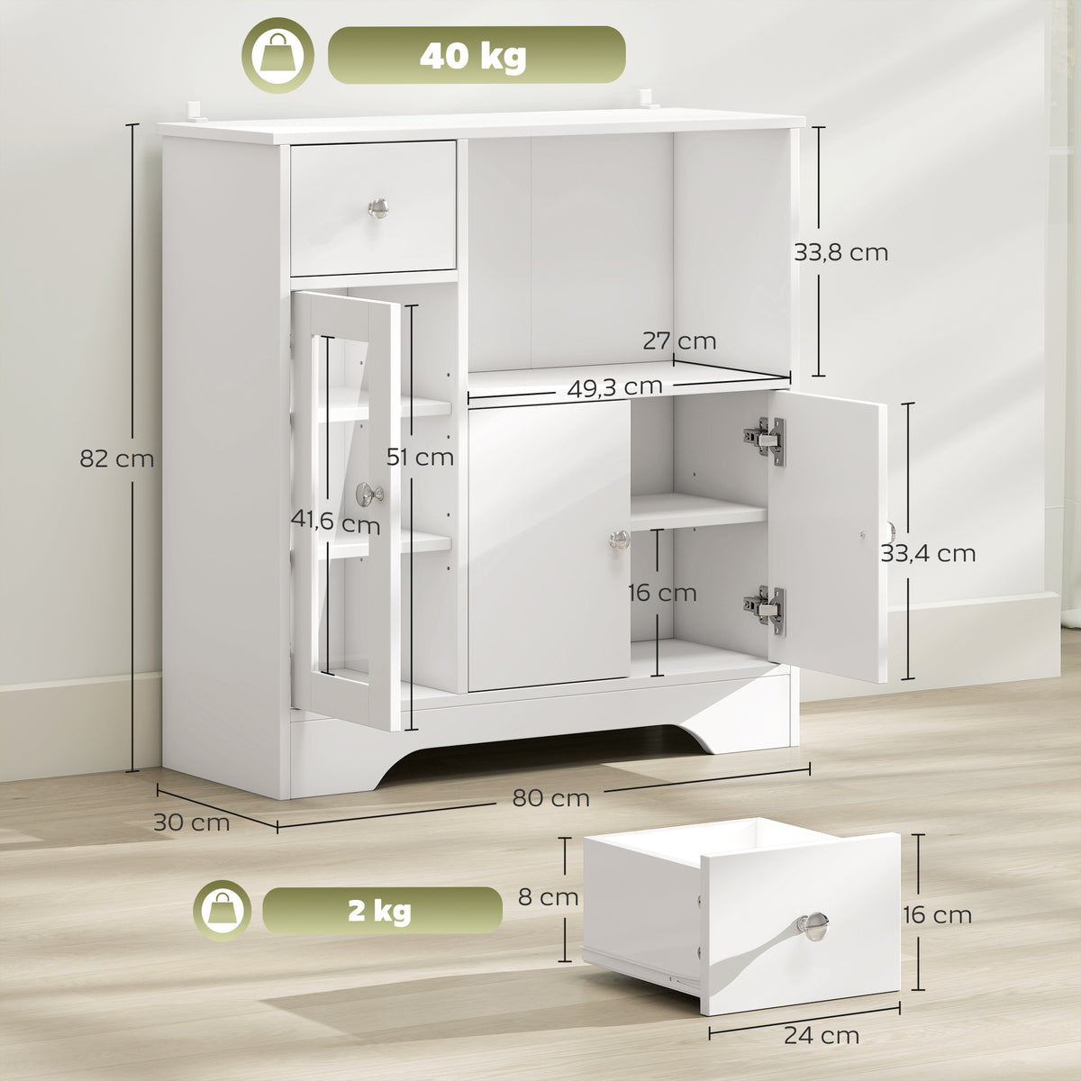 Buffet de cuisine moderne avec porte en verre, tiroir, grande niche et étagères réglables 80 x 30 x 82 cm blanc