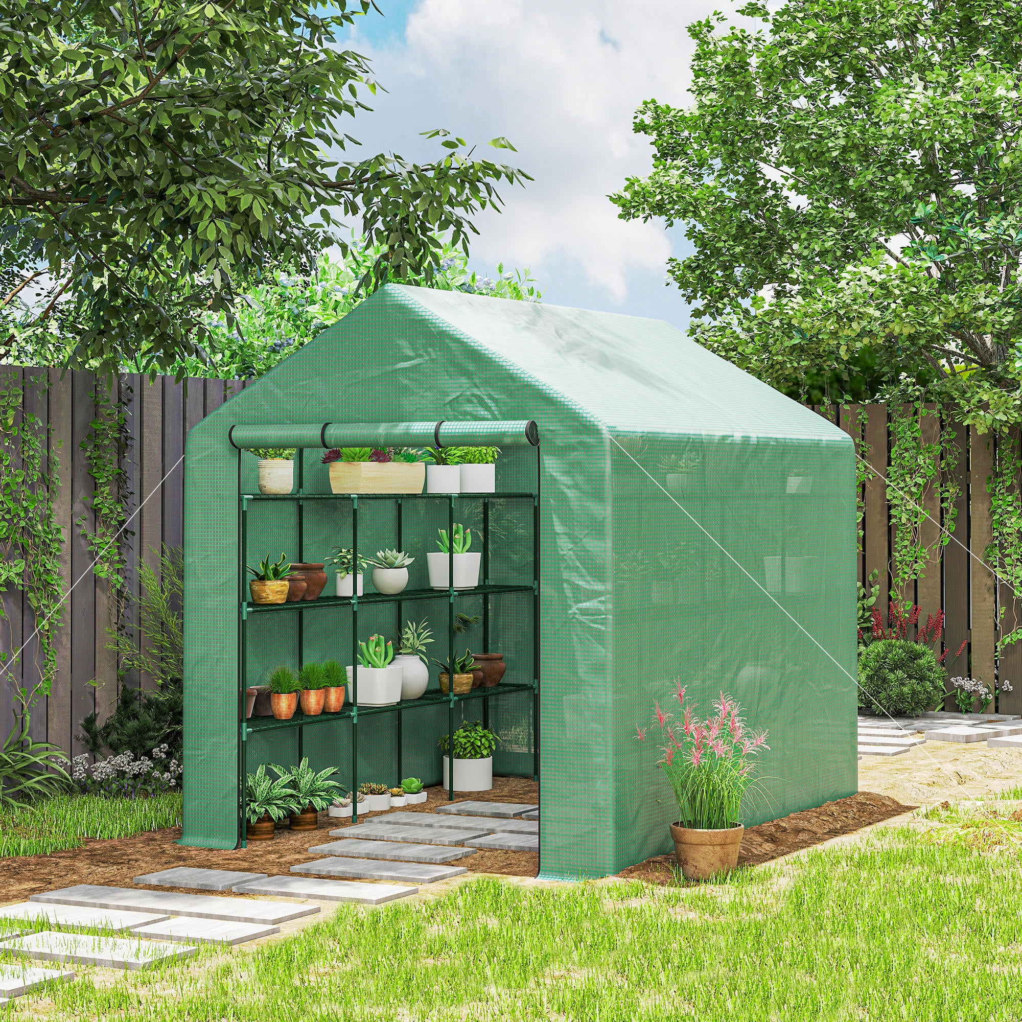 Serre de jardin serre d'hivernage avec étagères 3 niveaux porte enroulable tube en acier 244 x 180 x 210 cm vert
