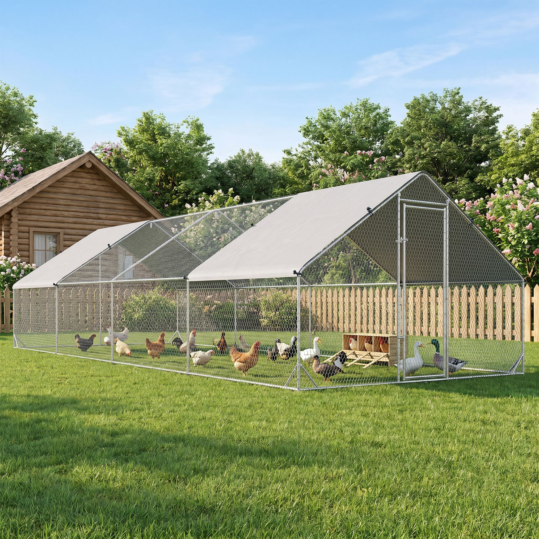 Enclos poulailler chenil volière extérieur 24 m² - Parc grillagé dim. 3L x 8l x 2H m - Espace Couvert - Acier galvanisé