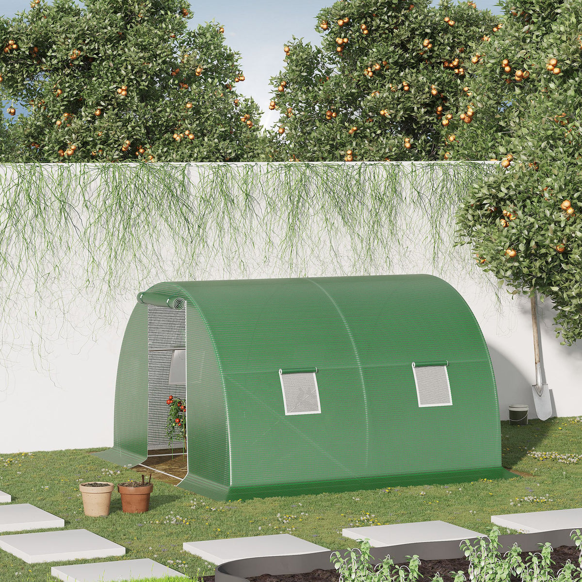 Invernadero de jardín tipo túnel 9 m² 4 ventanas, puerta enrollable con cremallera, estructura de acero galvanizado, lona de PE 3 x 3 x 2 m verde