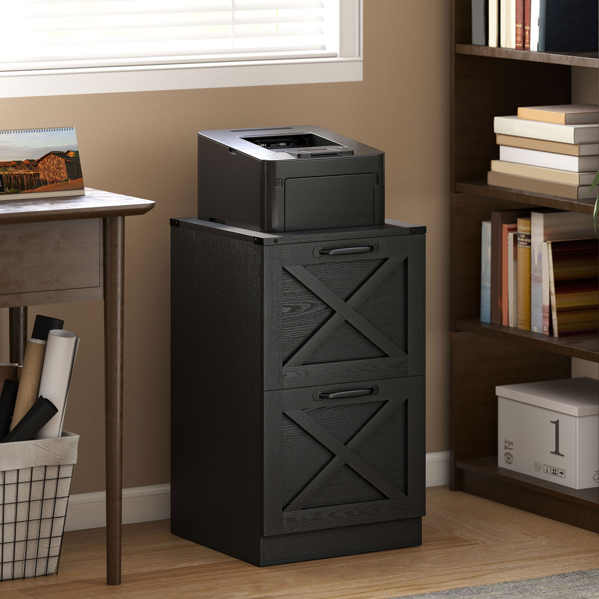 Cajonera de Oficina con 2 Cajones, Archivos Colgantes para Formatos Carta/A4, Estilo Rústico, 40x40x71cm, Negro