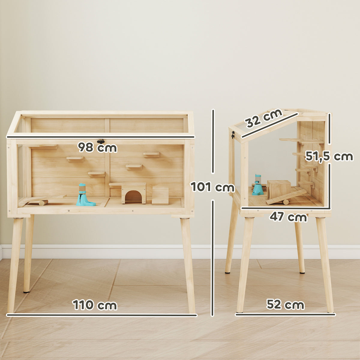 Cage hamster habitats pour rongeur bois toit ouvrable 7 plateformes 2 balançoires 110x52x101cm effet bois naturel