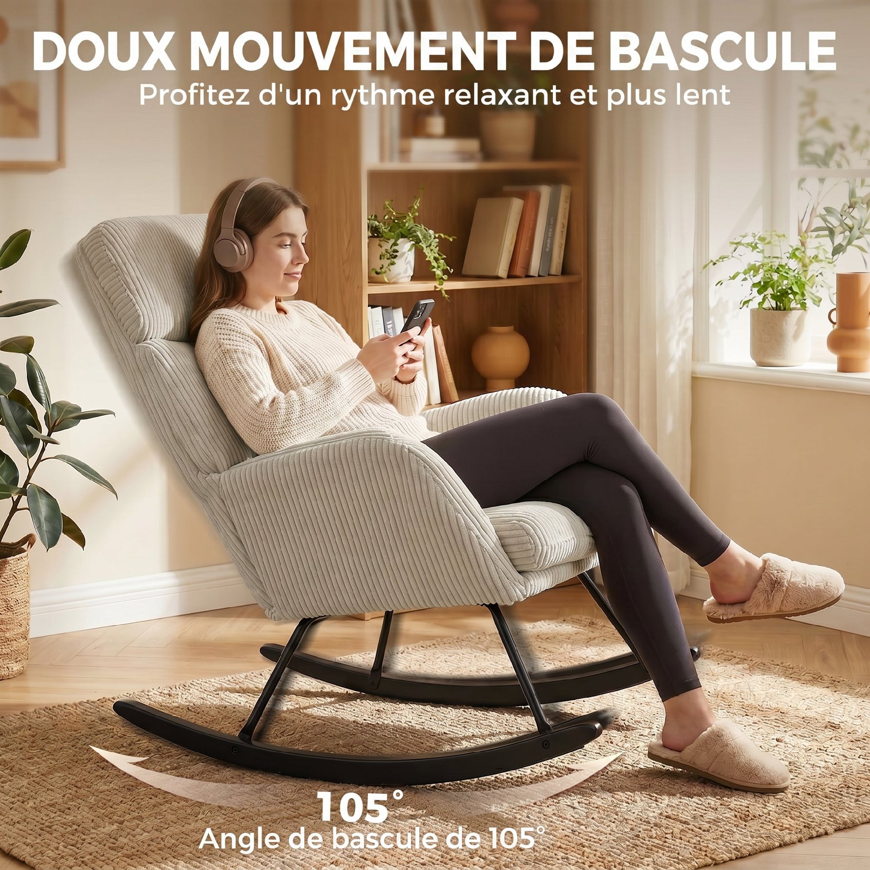 Fauteuil à Bascule, Rocking Chair en Velours Côtelé avec Dossier Haut et Accoudoirs, Pieds en Bois d'hévéa, Beige