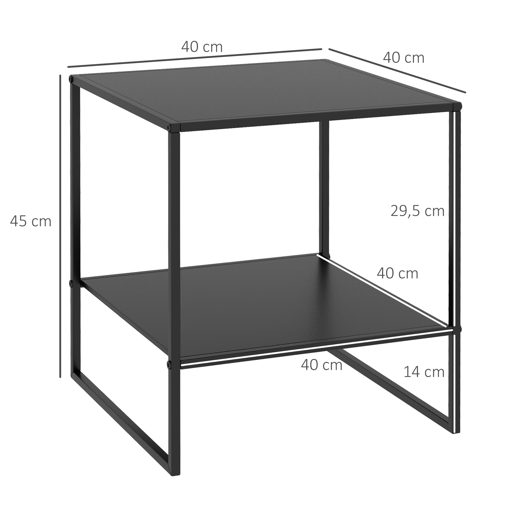 Vierkante industriële bijzettafel van zwart metaal met één legplank - 40 x 40 x 45 cm zwart