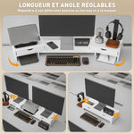 Rehausseur écran PC bureau support d'écran d'ordinateur de 60-116 cm avec 2 tiroirs, longueur et angle réglables