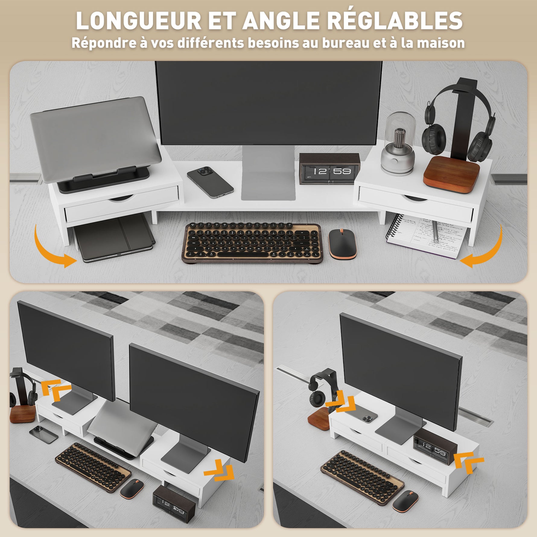 Rehausseur écran PC bureau support d'écran d'ordinateur de 60-116 cm avec 2 tiroirs, longueur et angle réglables