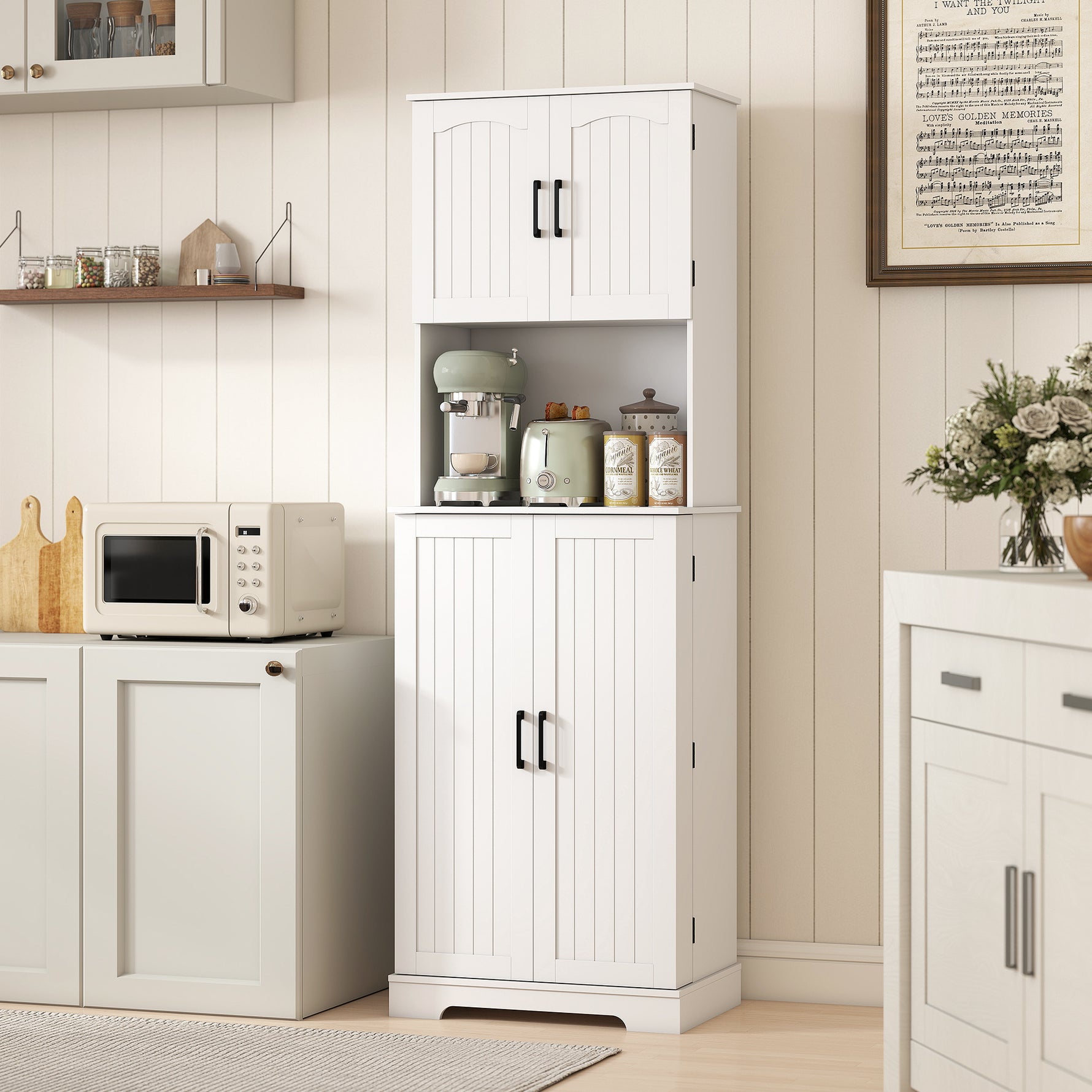 Buffet haut cuisine armoire de cuisine, 4 portes plan de travail 8 porte-épices étagères réglables 60x40x181,5cm blanc