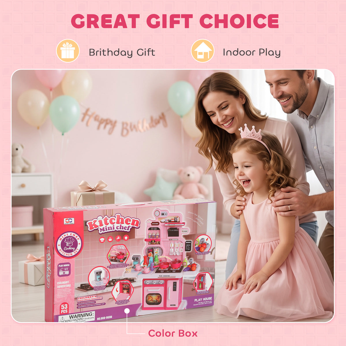Cuisine pour Enfants Interactive, 33 Accessoires, avec Sons, Lumières, Rangement, 3-6 Ans, 67x25x87cm, Rose