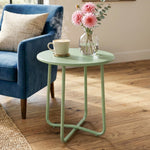 Table Basse Extérieure avec Bord Enroulé, Base en X avec Pieds Réglables en Hauteur, pour Salon Terrasse, Ø48x51cm, Vert