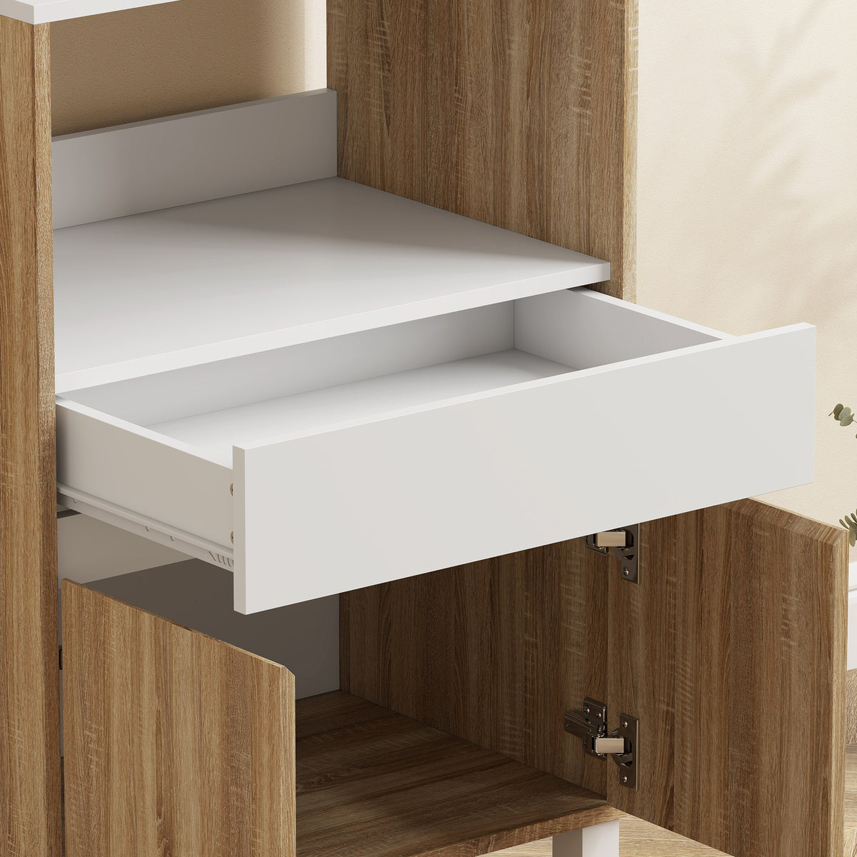 Meuble Micro-Ondes, Buffet Cuisine avec Tiroir, 2 Portes à Fermeture Douce, Plan de Travail et Étagères Ouvertes, Chêne