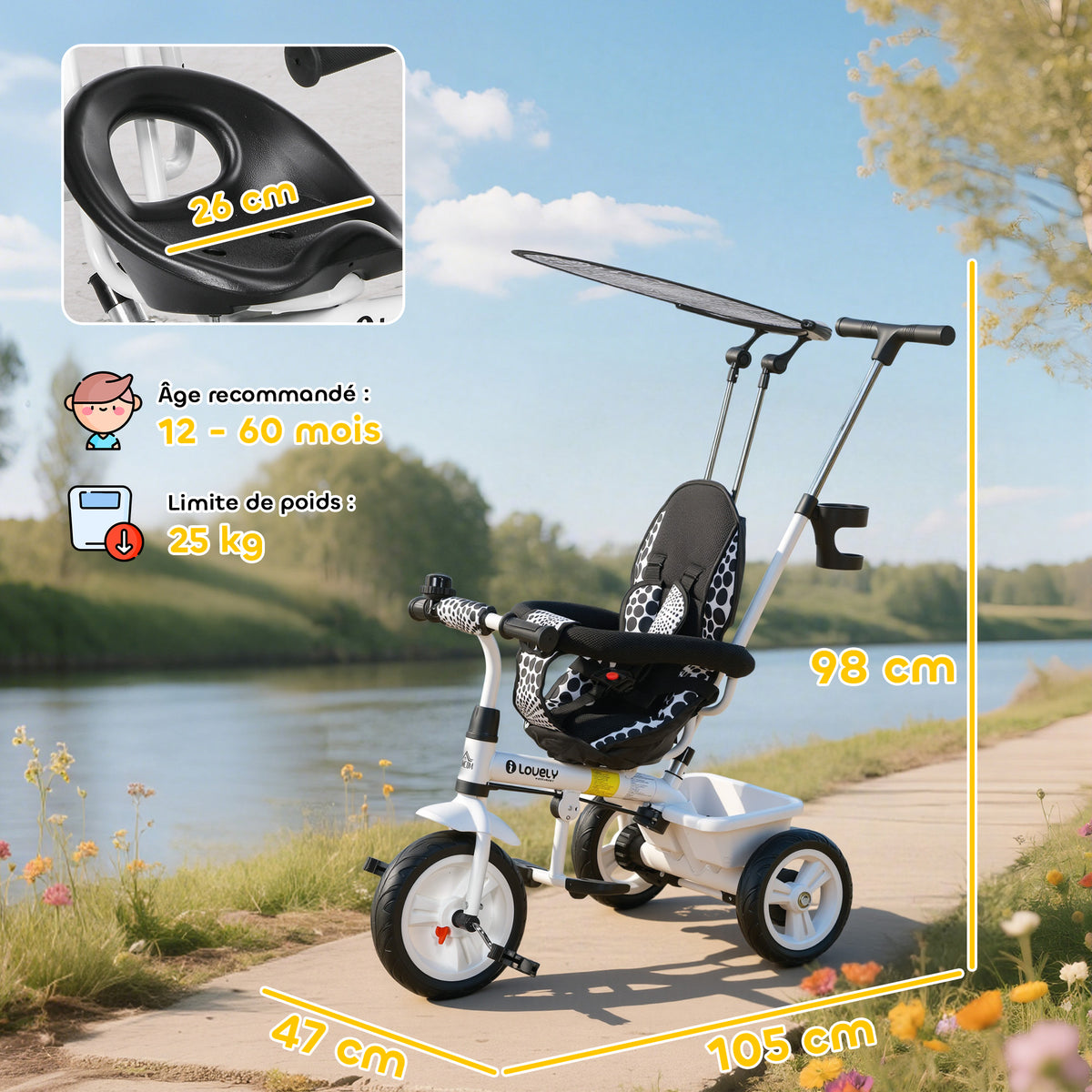 Tricycle Enfants Pare-Soleil Pliable Canne Amovible Benne Rangement 105 x 47 x 98 cm Acier Blanc et Noir