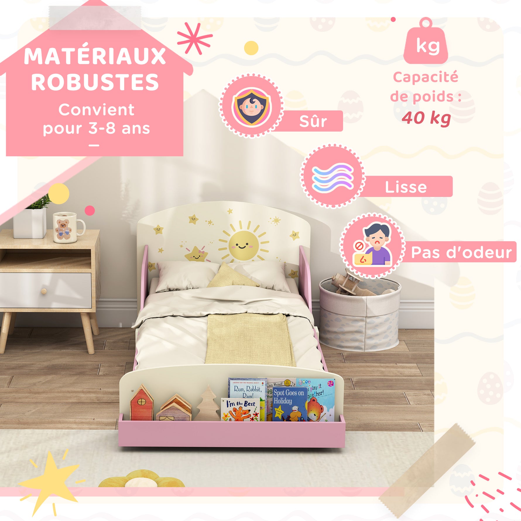 Lit enfant 70 x 140 cm, lit pour enfant avec barriere de securite et sommier à lattes, espace de rangement, rose