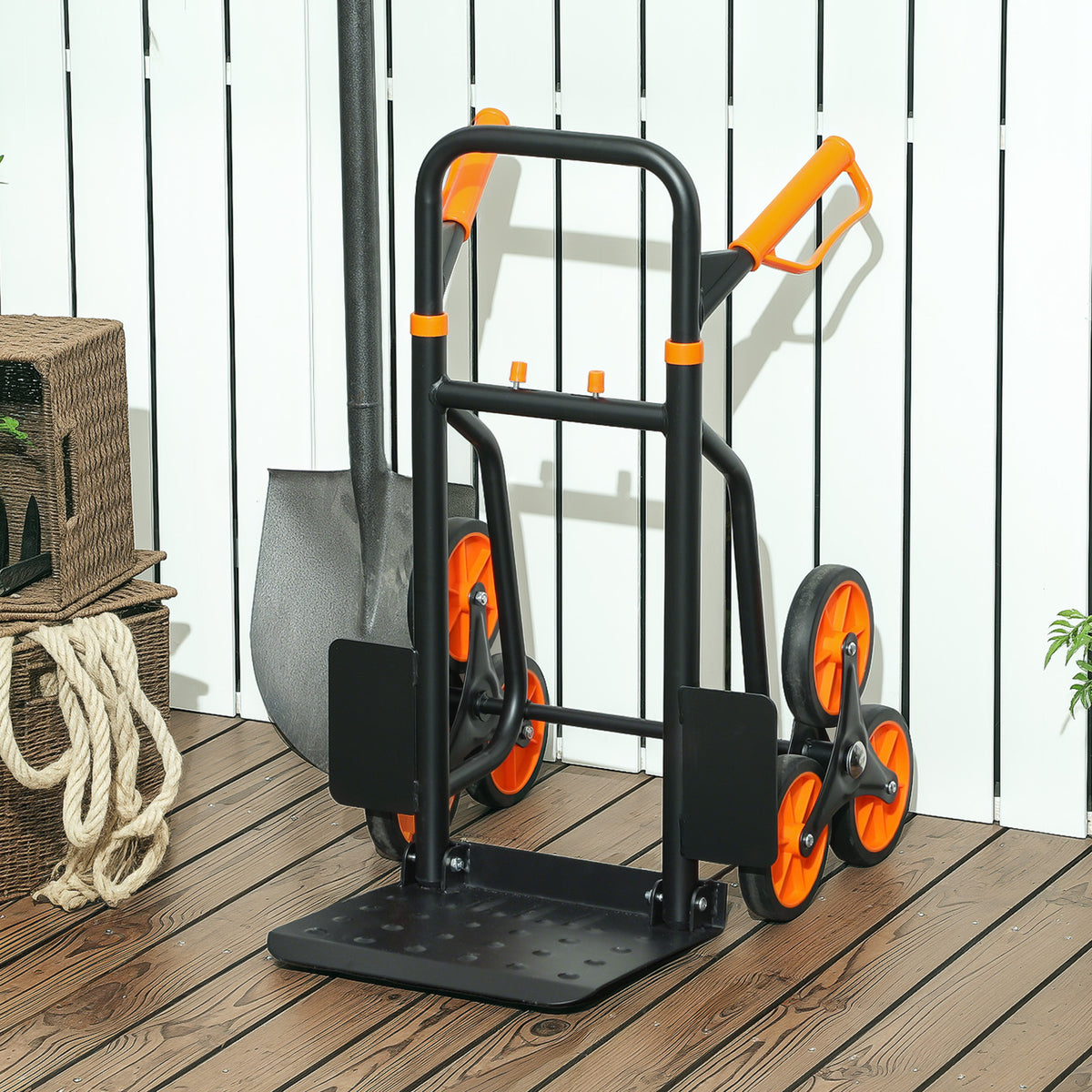 Treppensteiger-Sackkarre klappbar 120 kg 6 Räder, Stahl-Transportkarre mit Spanngurten, 44x67x106,5 cm, orange
