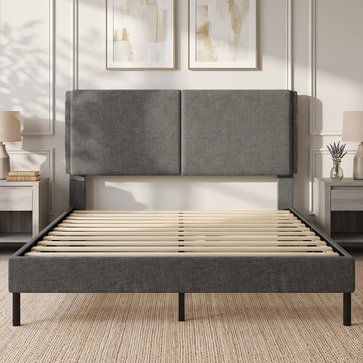 Estructura de cama de 140 x 190 cm con somier y cabecero ajustable, cama doble tapizada en lino, almacenamiento inferior, gris