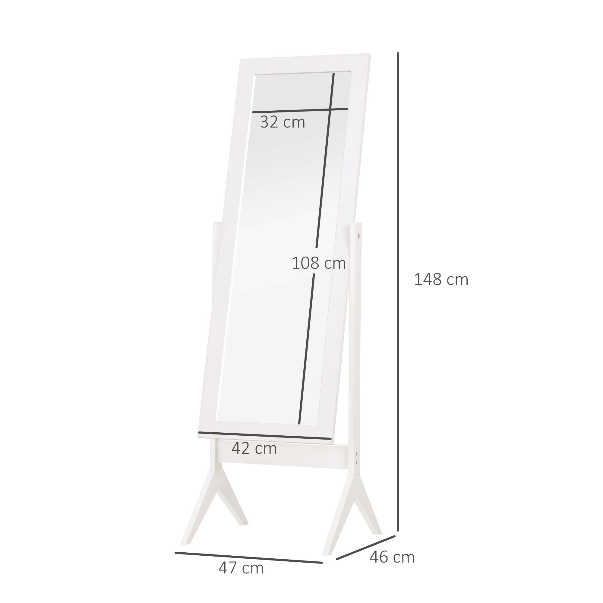Miroir en Pied Grand Miroir de Sol Inclinaison réglable pour Dressing Chambre dim. 47L x 46l x 148H cm en blanc