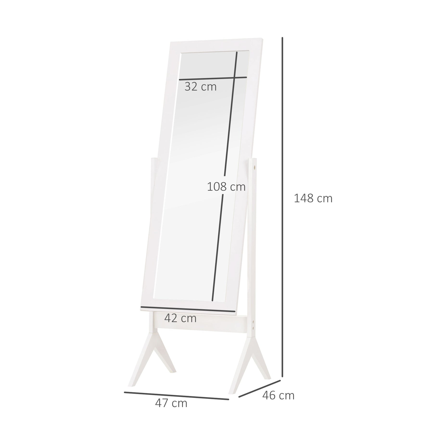 Miroir en Pied Grand Miroir de Sol Inclinaison réglable pour Dressing Chambre dim. 47L x 46l x 148H cm en blanc