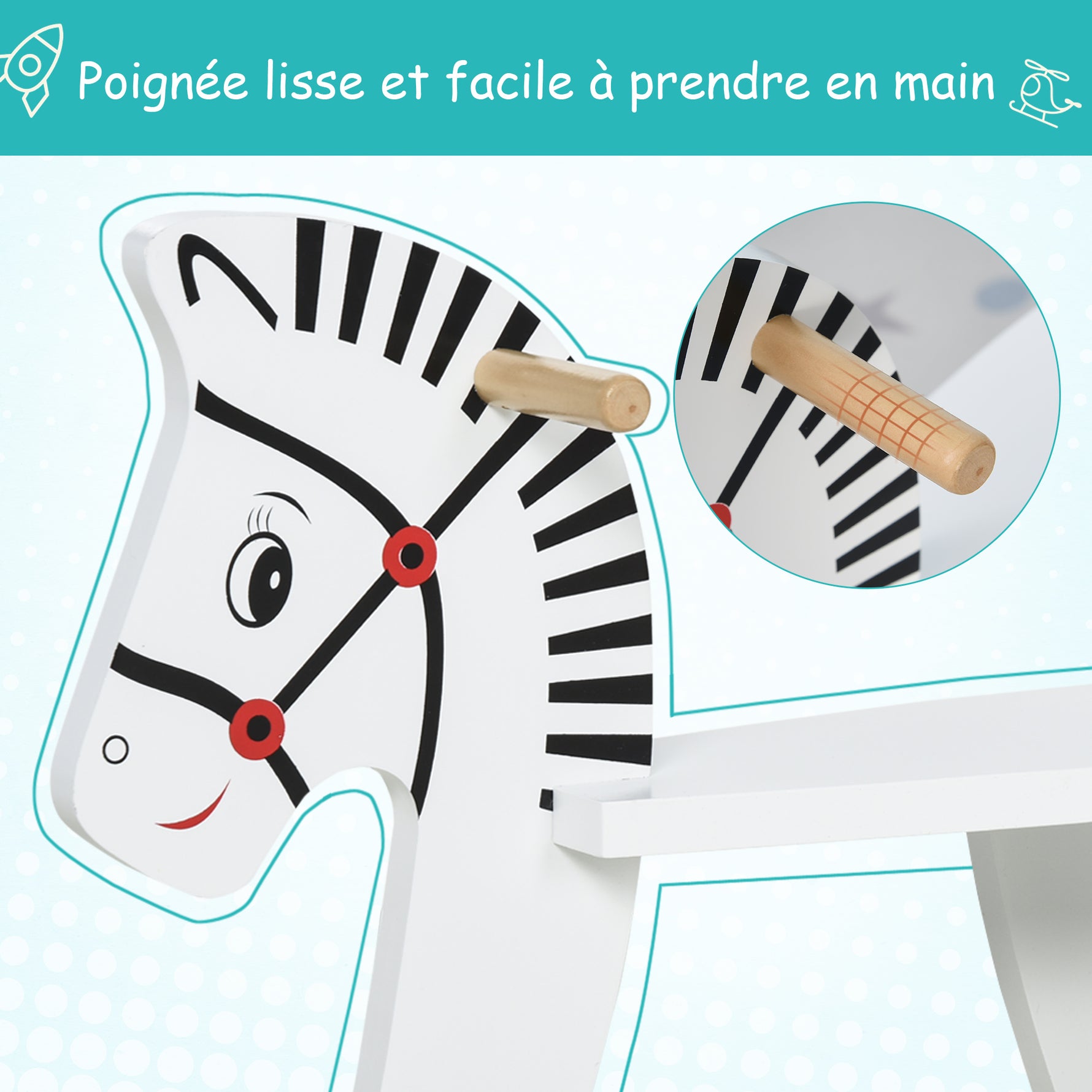Cheval à Bascule zèbre - Cheval à Bascule en Bois - Jeu à Bascule Bois - poignées Repose-Pied Anneau de sécurité