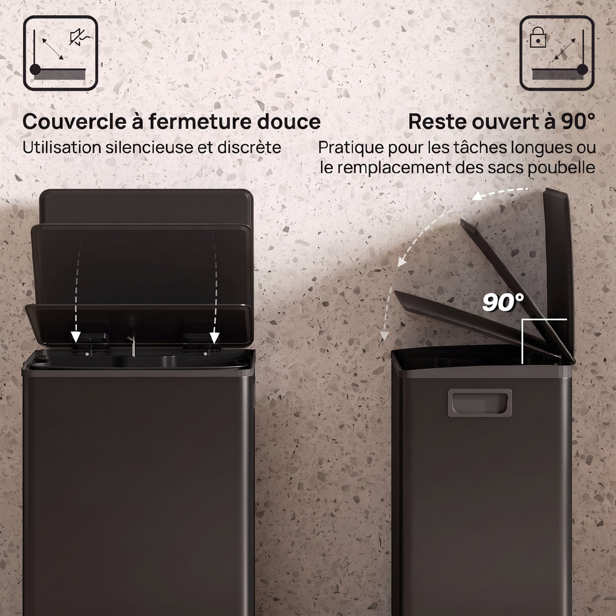 Poubelle cuisine 50L, poubelle à pédale, seau intérieur amovible, couvercle à fermeture douce, 41,7x36,6x62cm, noir
