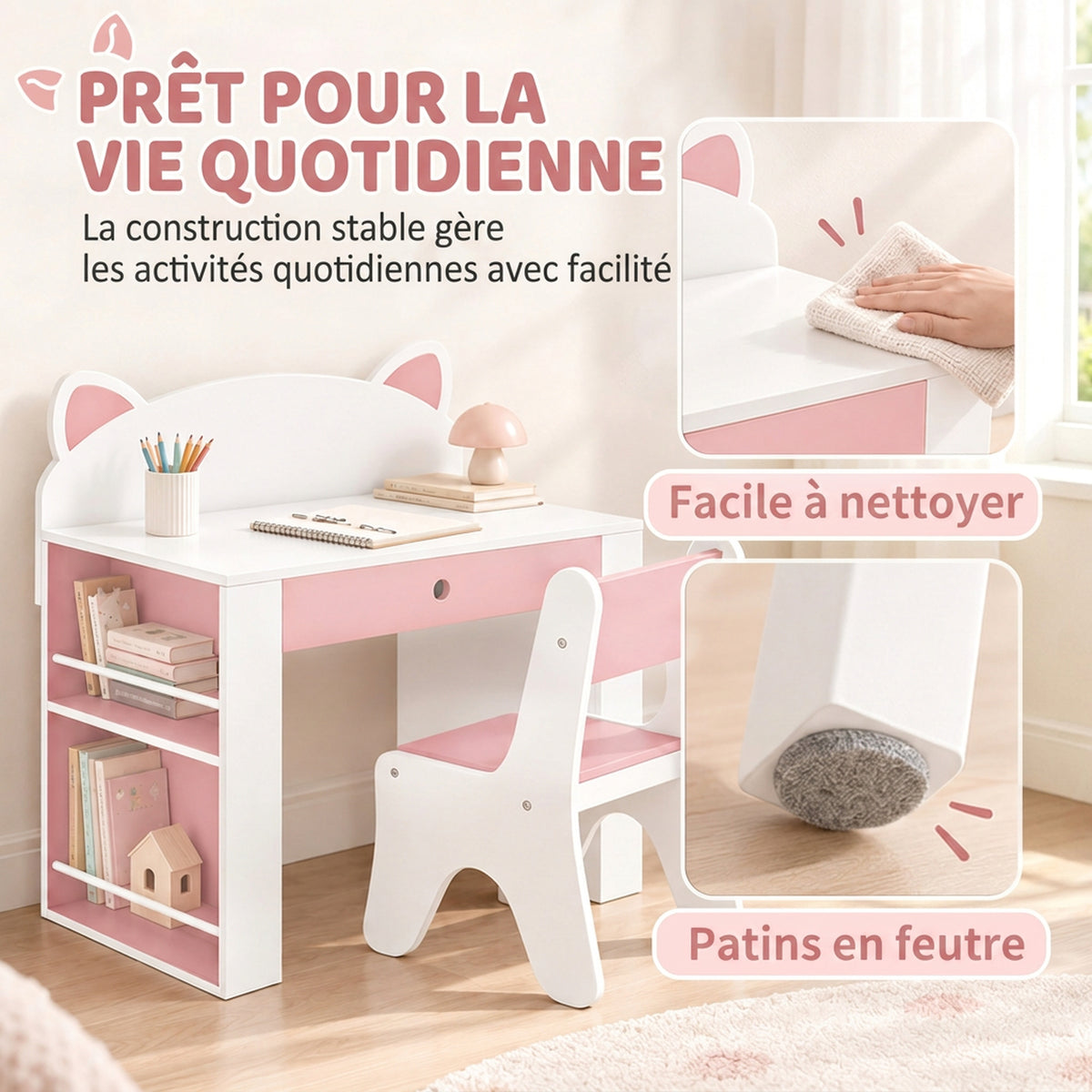 Scrivania e Sedia per Bambini 2 Pezzi, Set Tavolo per Attività, Cassetto, Libreria per Disegno, Lettura, Bianco Rosa