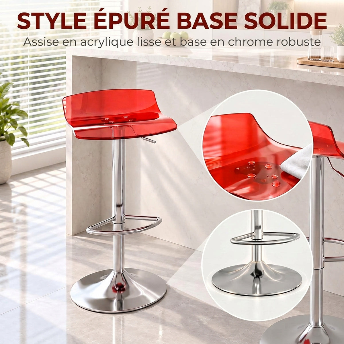 Set di 2 sgabelli da bar dal design contemporaneo, girevoli a 360°, con altezza regolabile e poggiapiedi, 39x39x67-87 cm, rossi