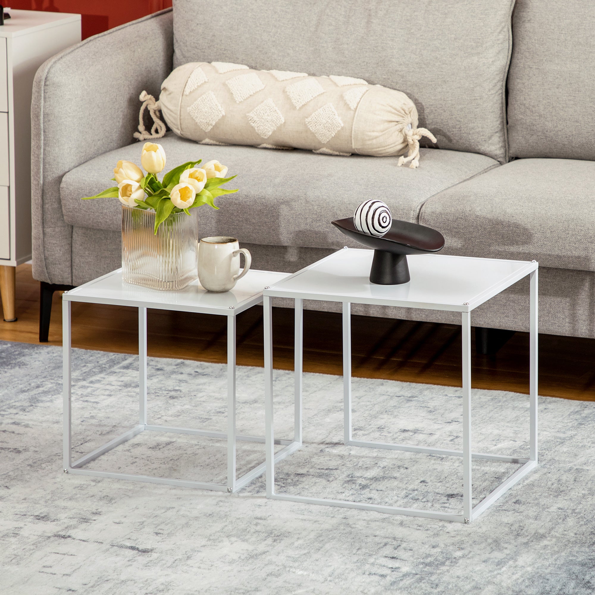 Lot de 2 tables basses gigognes, lot de 2 tables gigognes de salon, modulables, en acier, style industriel, blanc mat