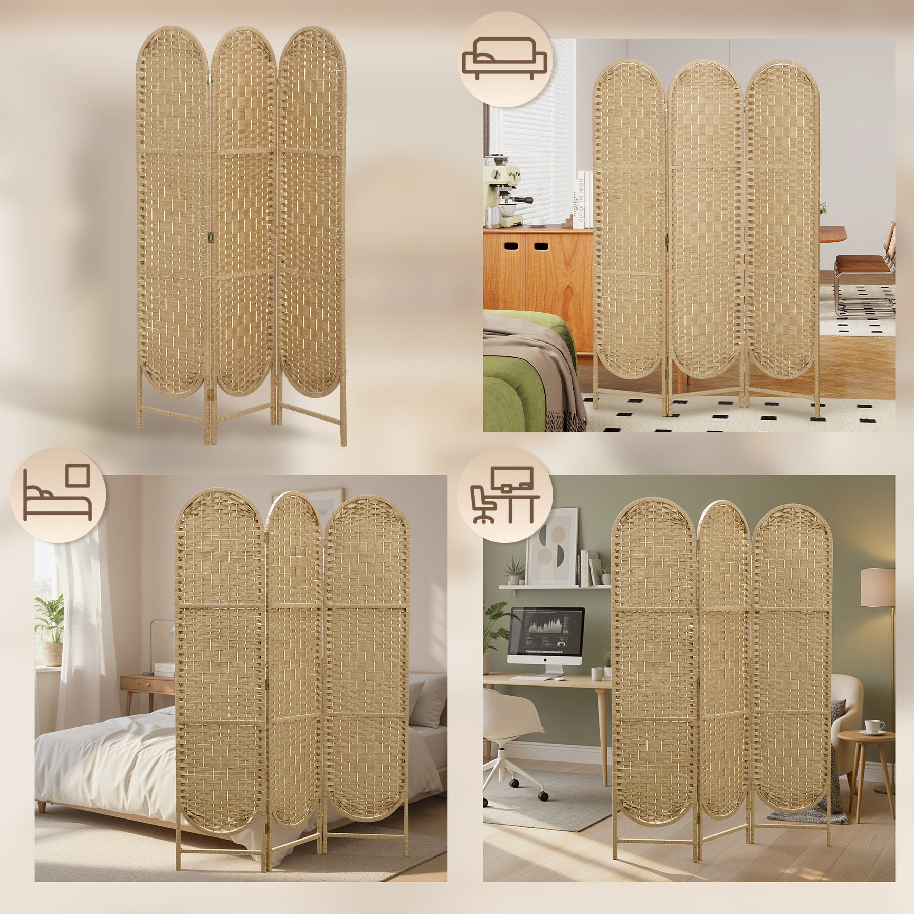 Paravent interieur ovale 3 panneaux 120 x 170 cm séparateur de pièce pliable, léger et tissé, bois naturel