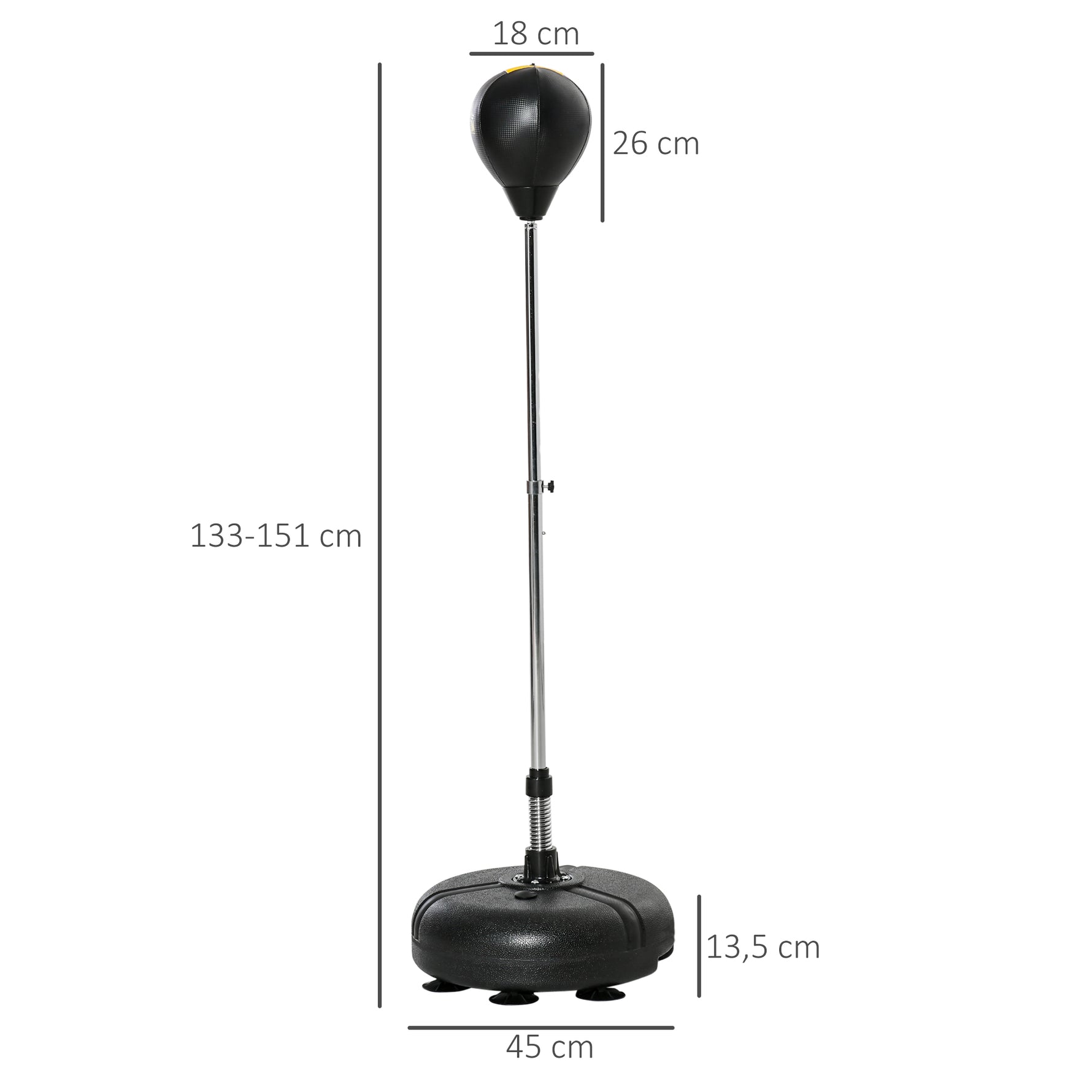 Punching ball sur pied réglable hauteur 133 -151 cm, sac de frappe sur pied 2 gants base lesté 45 x 45 x 133-151 cm noir