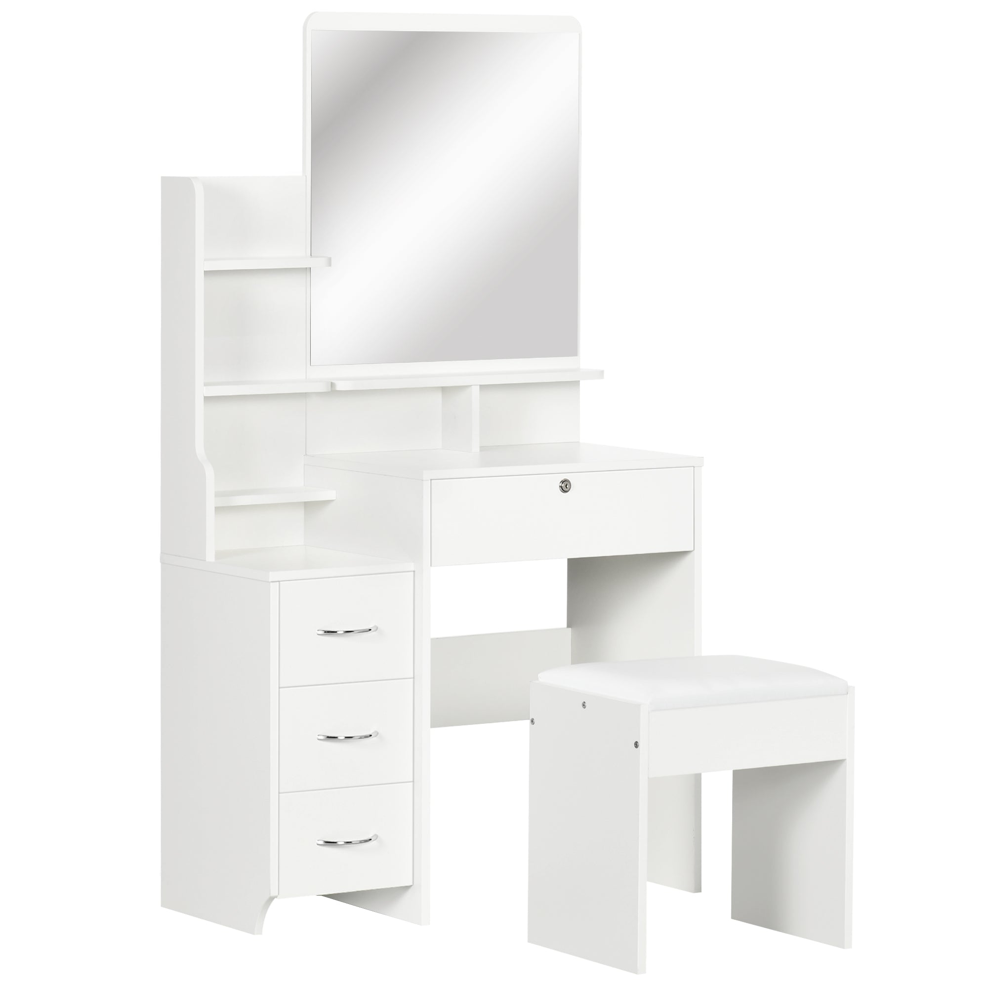Vanity set with padded stool, large mirror + several open shelves + 4 drawers, white